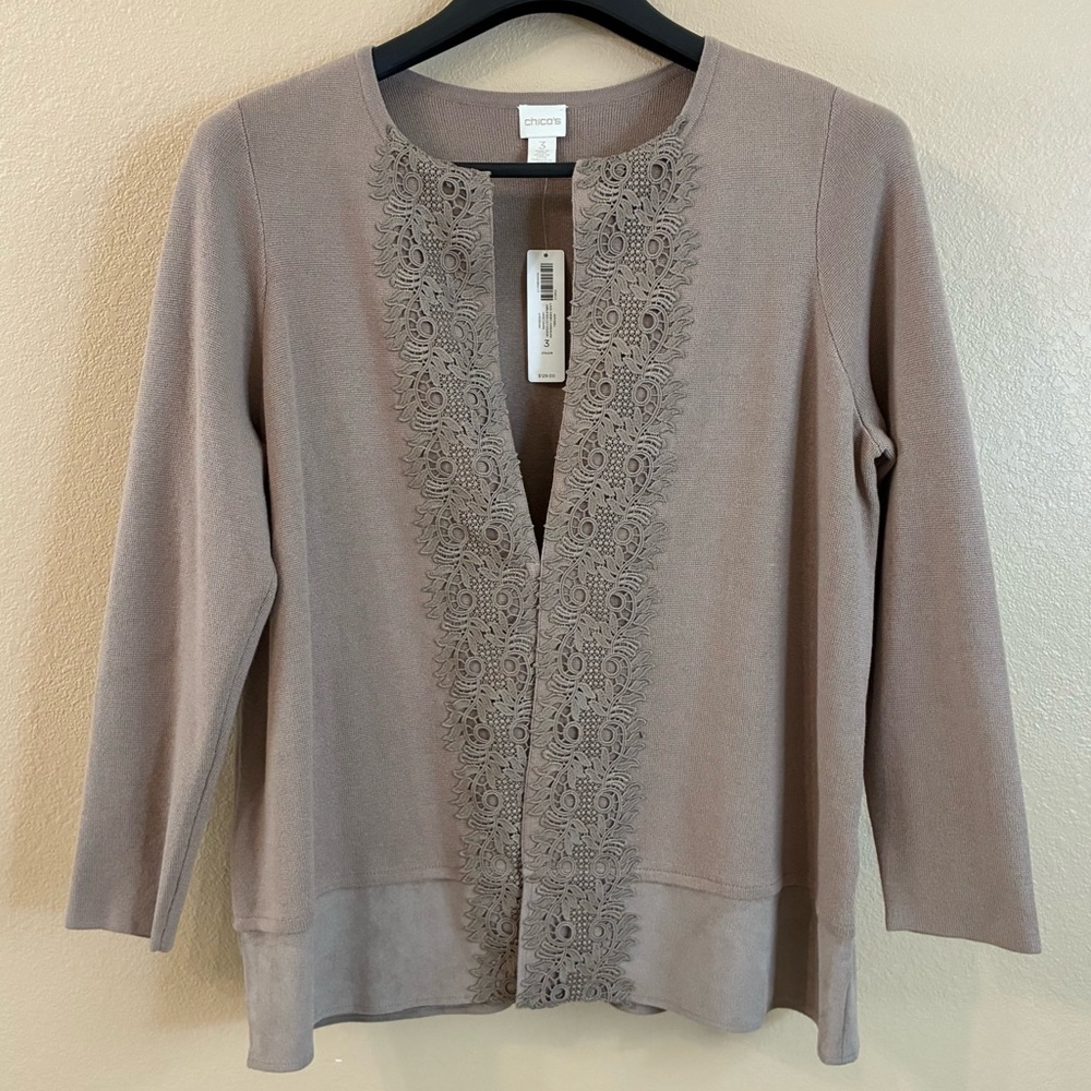 Chicos‎ New Size 3 XL Taupe Lace Front Knit Cardigan Sweater Cotton Blend
